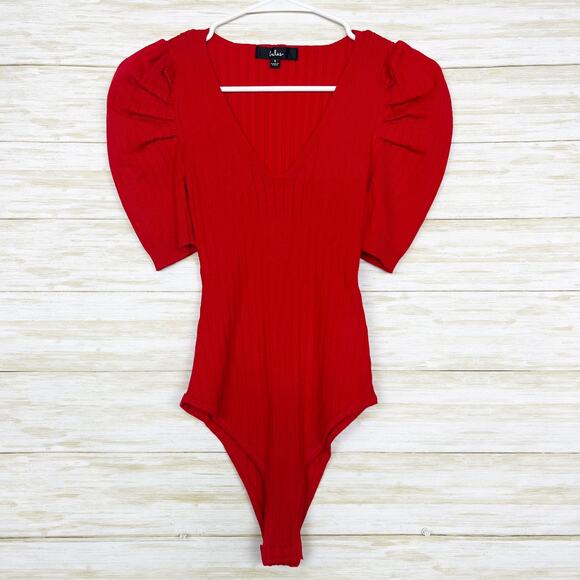 Lulus Looks For Days Bright Days Bright Red Puff Sleeve Bodysuit - Picture 3 of 8